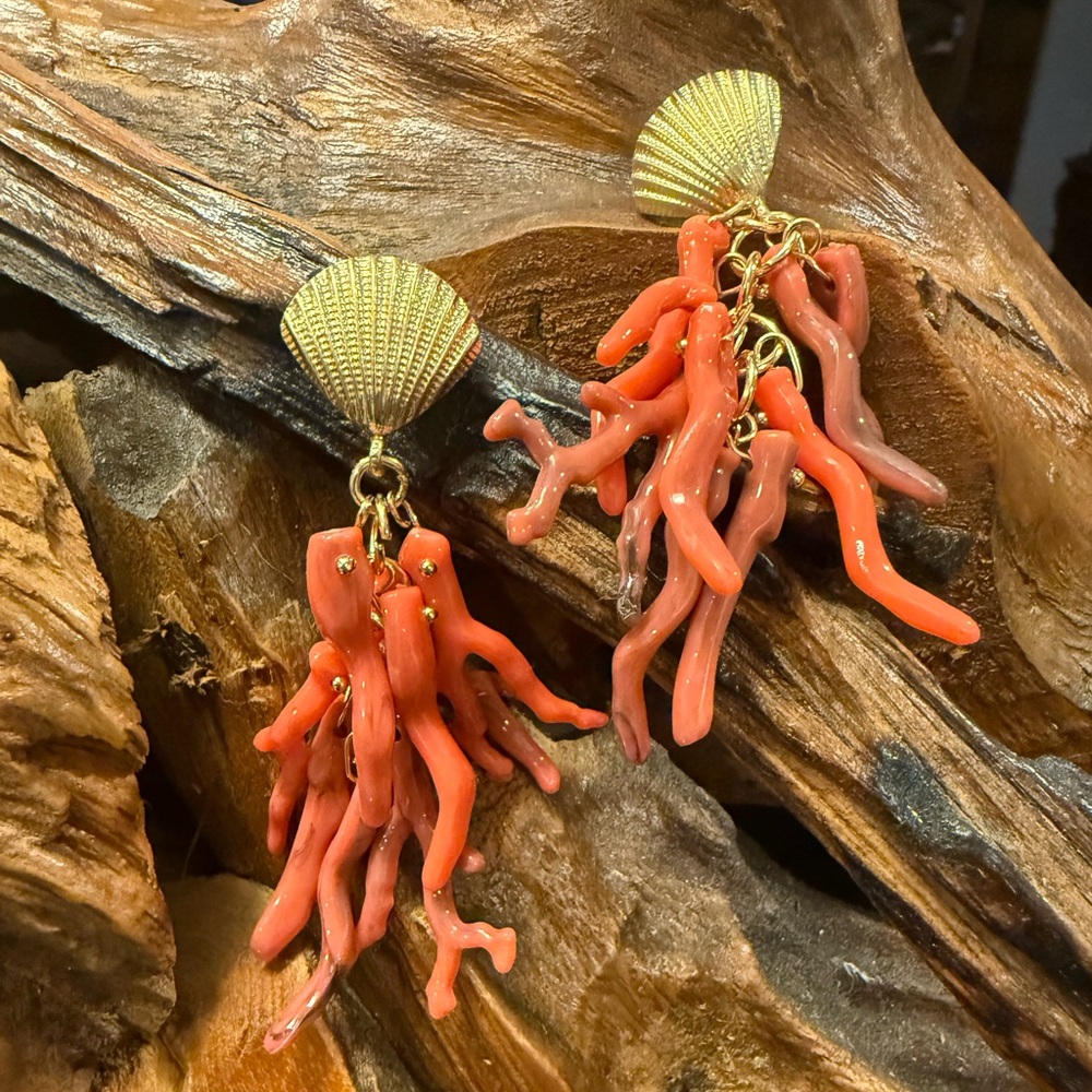Coral Branch Earrings with Gold Shell Accent - Picture 3 of 3